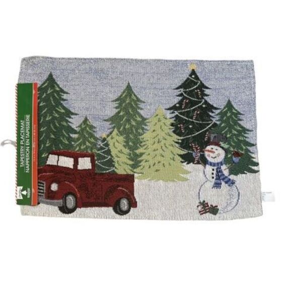 Tapestry Placemats 13" x 19" Home Decor Christmas/ Red Truck Snowman Trees 1 pc - Picture 1 of 4